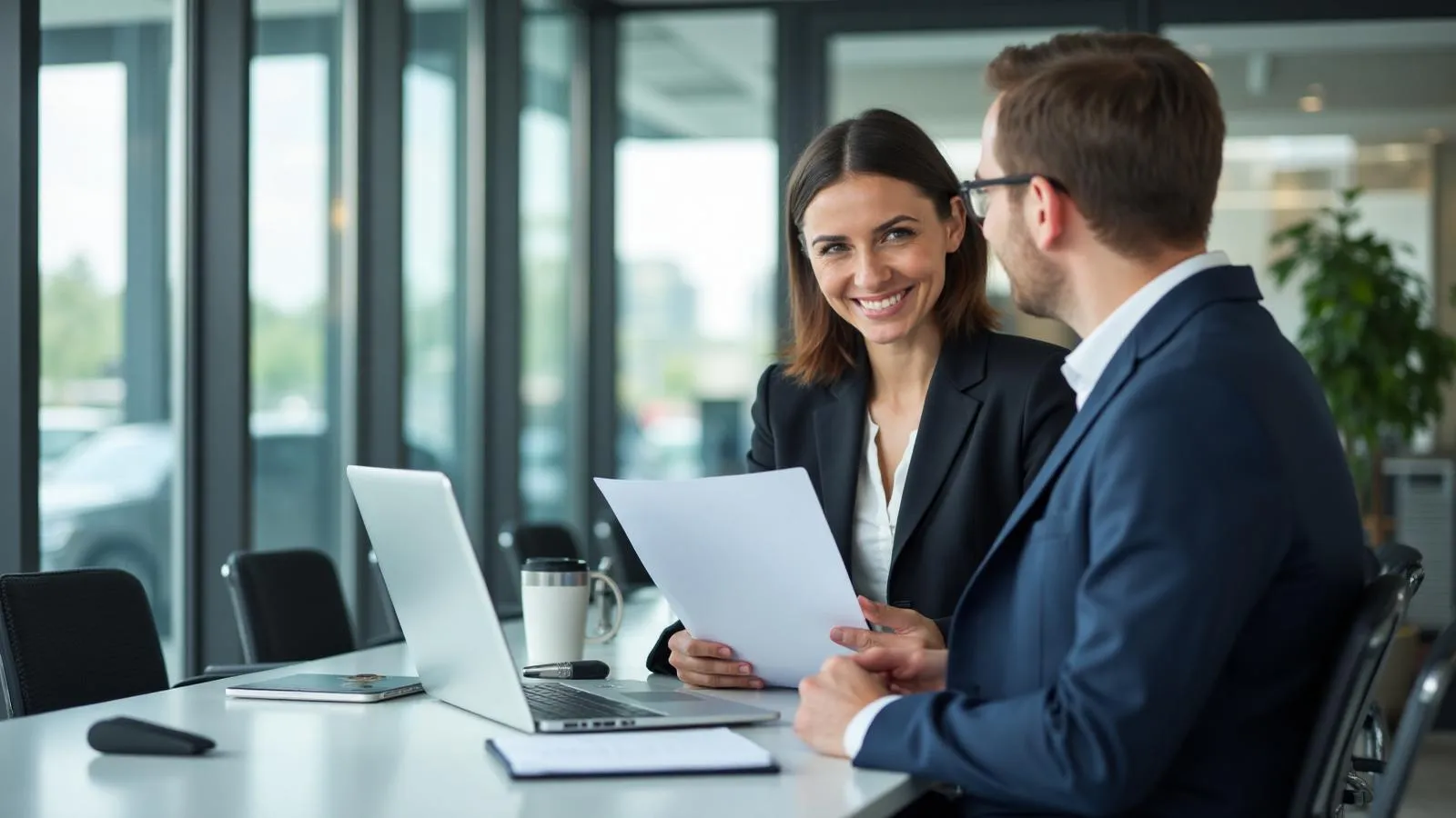 Consulente PIÙ NLT analizza con un cliente utilizzo, chilometri e budget del noleggio