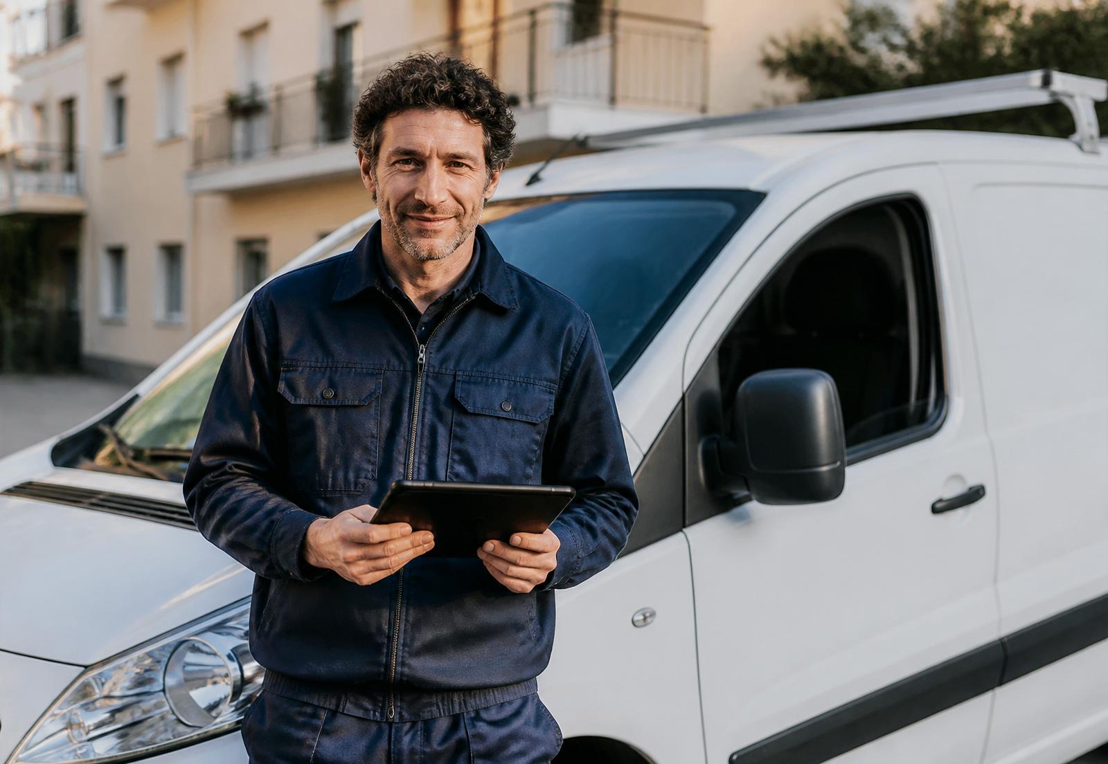 Tecnico HVAC del Lazio davanti al proprio furgone da lavoro